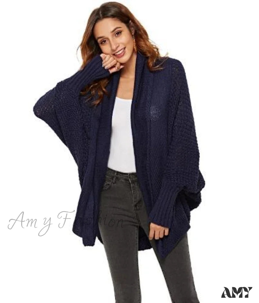 Amy Fashion - Long Knit Pocket Coat Female Casual Bat Sleeve Cardigan Navy Blue / S