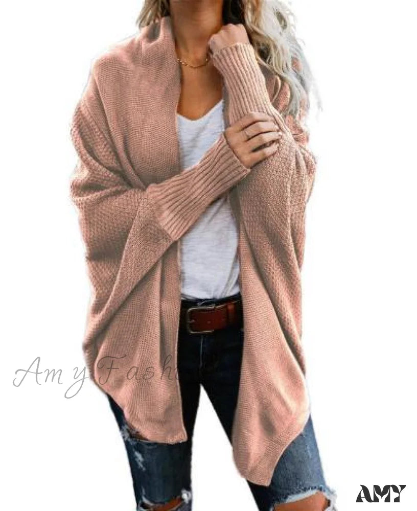 Amy Fashion - Long Knit Pocket Coat Female Casual Bat Sleeve Cardigan Pink / S