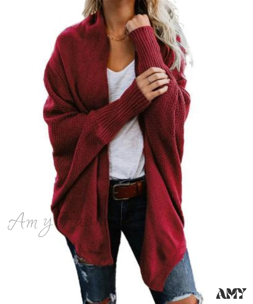 Amy Fashion - Long Knit Pocket Coat Female Casual Bat Sleeve Cardigan Red / S