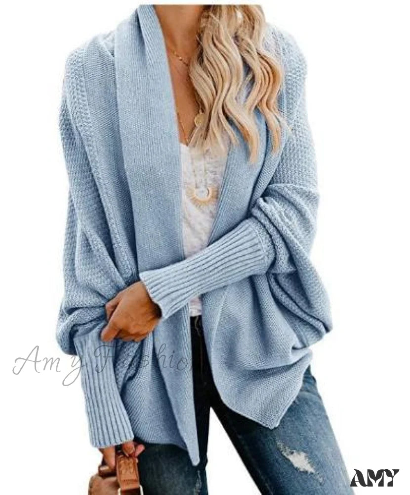 Amy Fashion - Long Knit Pocket Coat Female Casual Bat Sleeve Cardigan Sky Blue / S