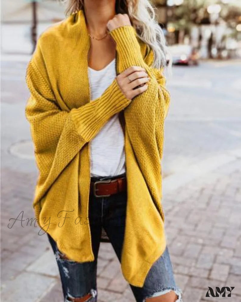 Amy Fashion - Long Knit Pocket Coat Female Casual Bat Sleeve Cardigan Yellow / S