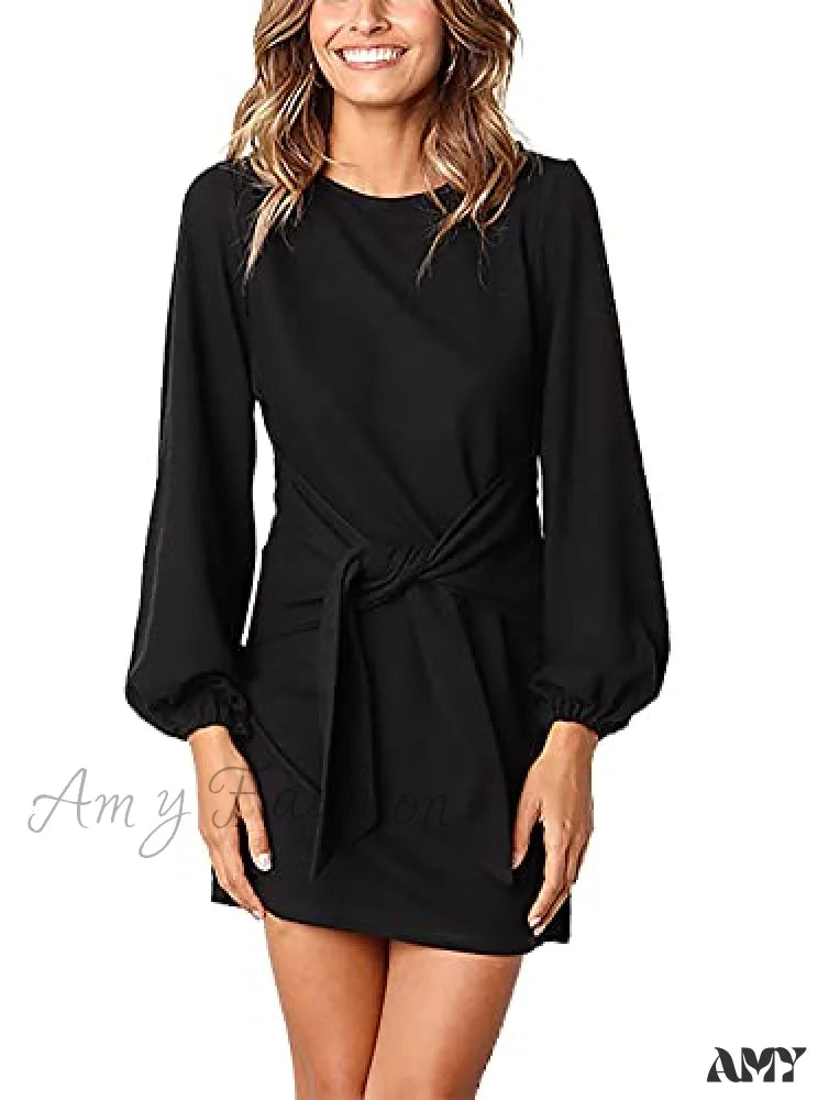 Amy Fashion - Long Lantern Sleeve Short Crewneck Tie Waist Knit Dress