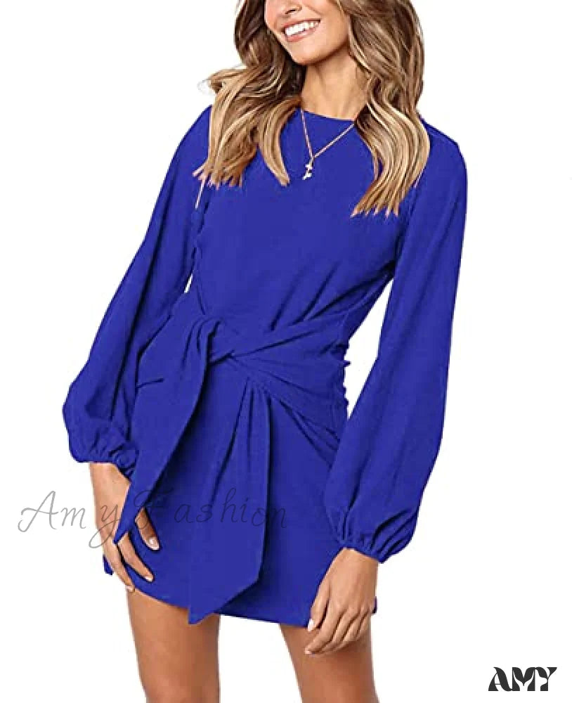 Amy Fashion - Long Lantern Sleeve Short Crewneck Tie Waist Knit Dress