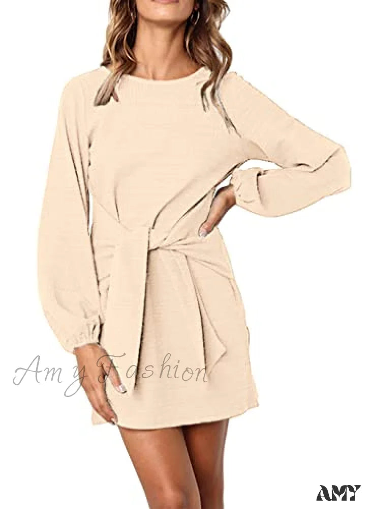 Amy Fashion - Long Lantern Sleeve Short Crewneck Tie Waist Knit Dress