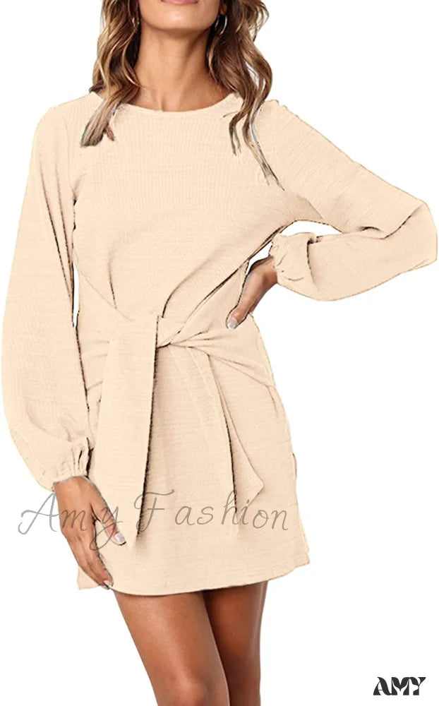 Amy Fashion - Long Lantern Sleeve Short Crewneck Tie Waist Knit Dress Apricot / Small