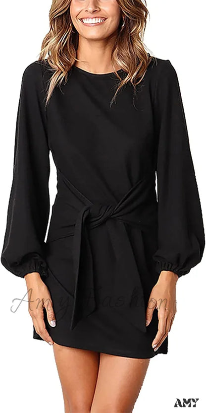 Amy Fashion - Long Lantern Sleeve Short Crewneck Tie Waist Knit Dress Black / Small