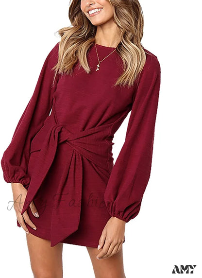 Amy Fashion - Long Lantern Sleeve Short Crewneck Tie Waist Knit Dress Wine Red / Small