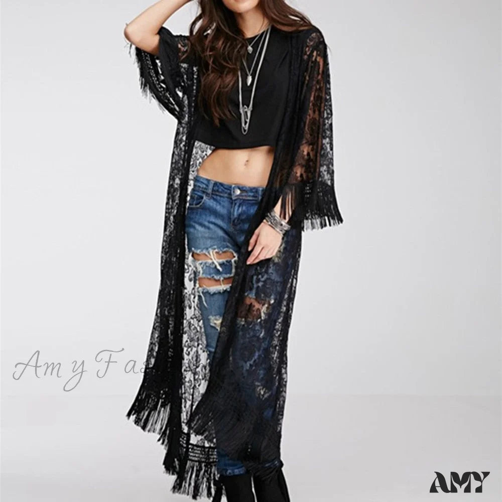 Amy Fashion - Long Perspective Kimono Loose Tassels Shawl Cardigan