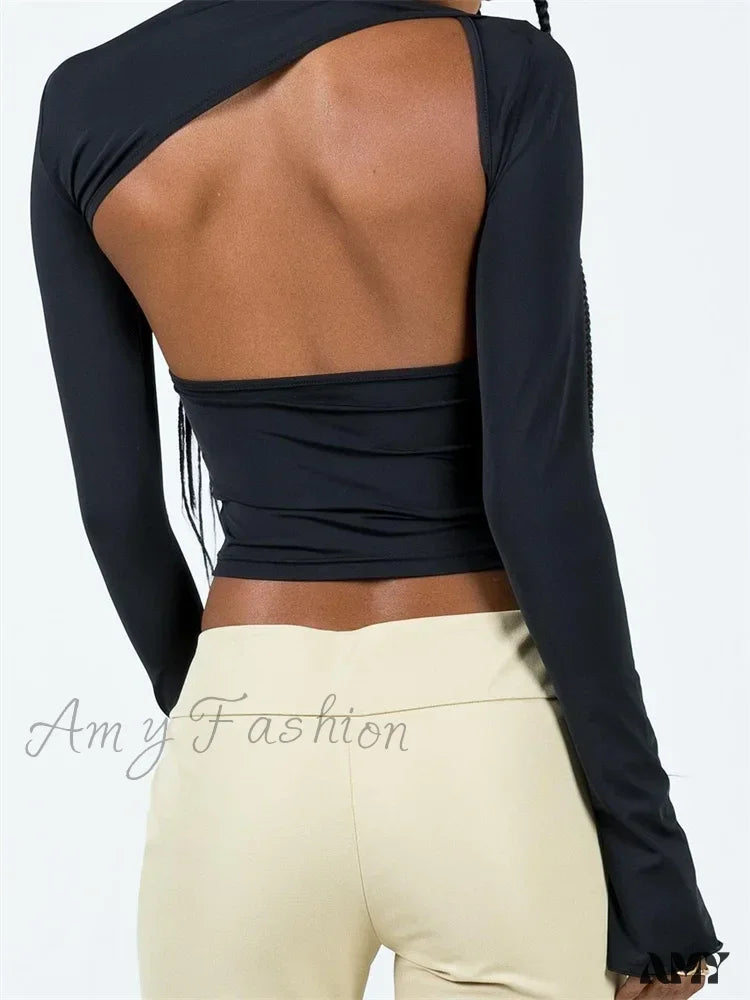 Amy Fashion - Long Sleeve Backless Casual Slim Fit Pullovers T-Shirts