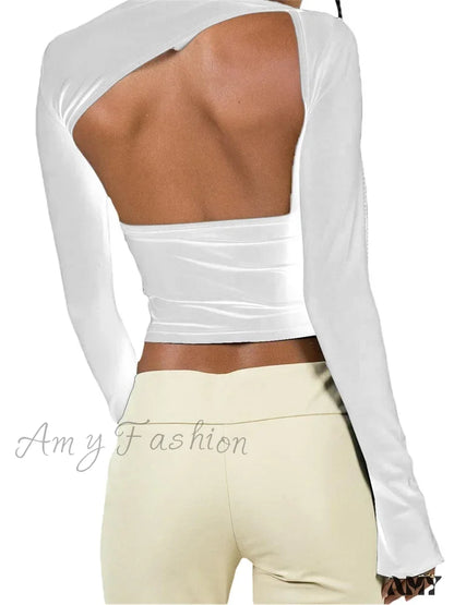 Amy Fashion - Long Sleeve Backless Casual Slim Fit Pullovers T-Shirts