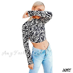 Amy Fashion - Long Sleeve Backless Sexey Tees Top White & Black / S