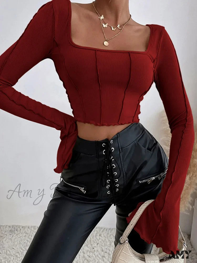 Amy Fashion - Long Sleeve Black Backless Sexy Y2K Knitted Crop Top