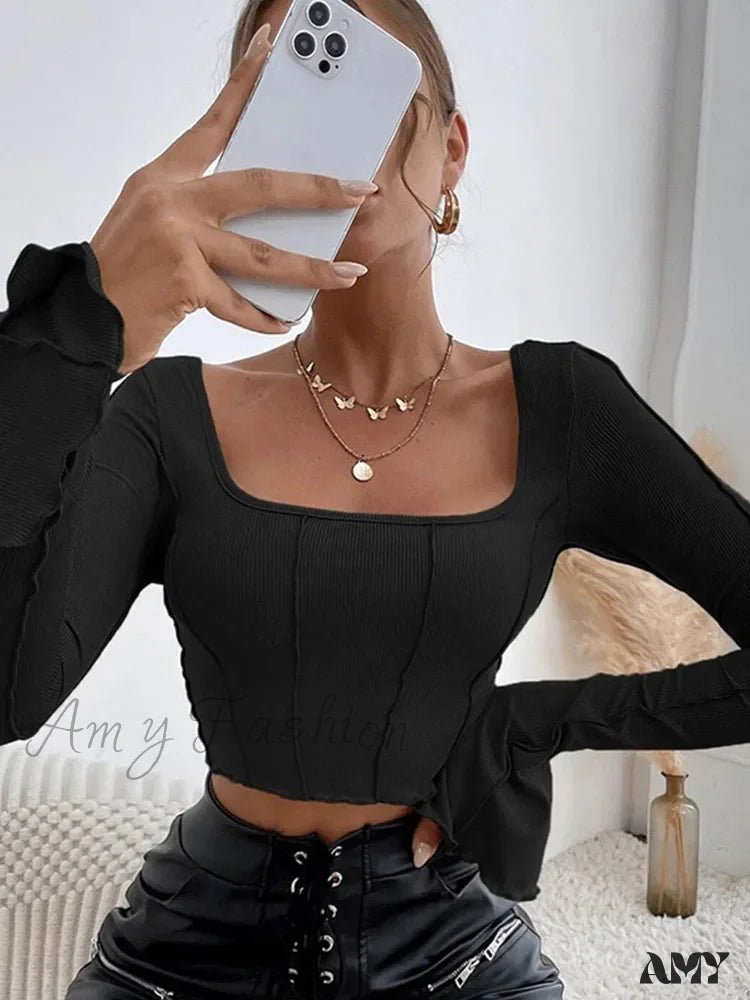 Amy Fashion - Long Sleeve Black Backless Sexy Y2K Knitted Crop Top / S