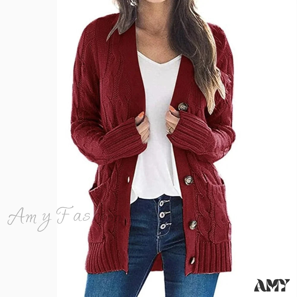 Amy Fashion - Long Sleeve Cable Loose Winter Tops Sweater Burgundy / S