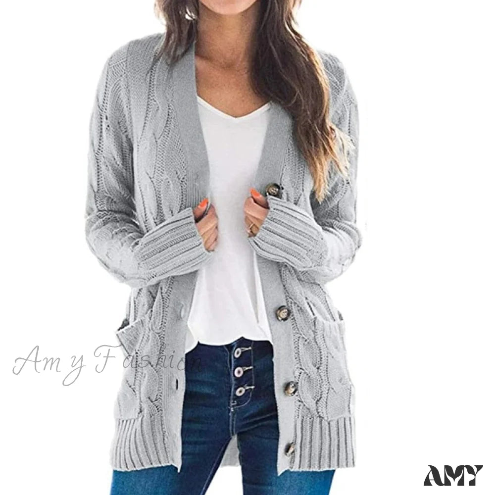 Amy Fashion - Long Sleeve Cable Loose Winter Tops Sweater Gray / S