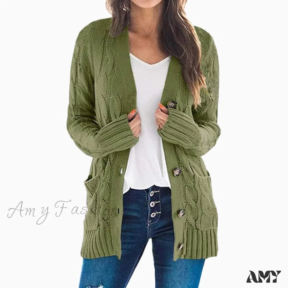 Amy Fashion - Long Sleeve Cable Loose Winter Tops Sweater Green / S