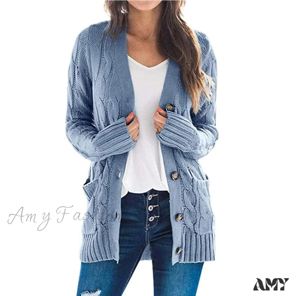 Amy Fashion - Long Sleeve Cable Loose Winter Tops Sweater Light Blue / S