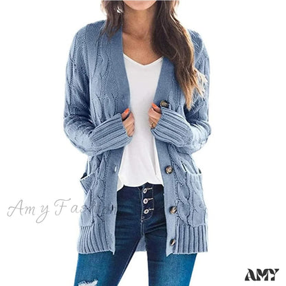 Amy Fashion - Long Sleeve Cable Loose Winter Tops Sweater Light Blue / S