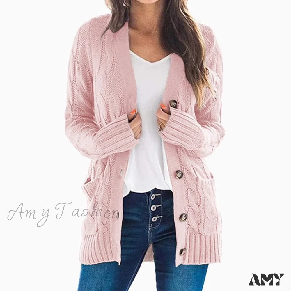 Amy Fashion - Long Sleeve Cable Loose Winter Tops Sweater Pink / S