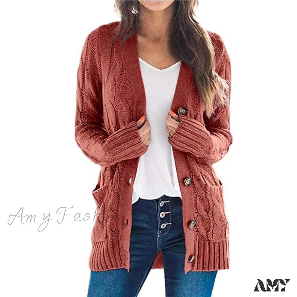 Amy Fashion - Long Sleeve Cable Loose Winter Tops Sweater Rust Red / S