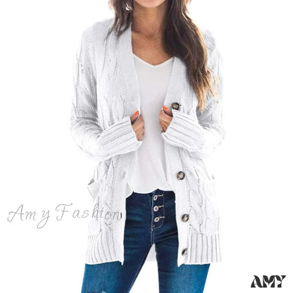 Amy Fashion - Long Sleeve Cable Loose Winter Tops Sweater White / S