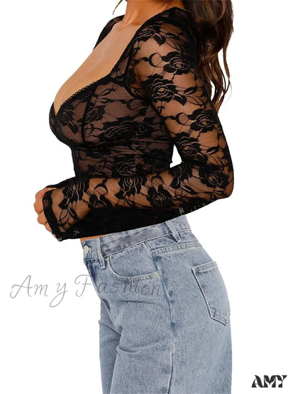 Amy Fashion - Long Sleeve Casual Lace Floral Mesh Sheer Pullover T-Shirts