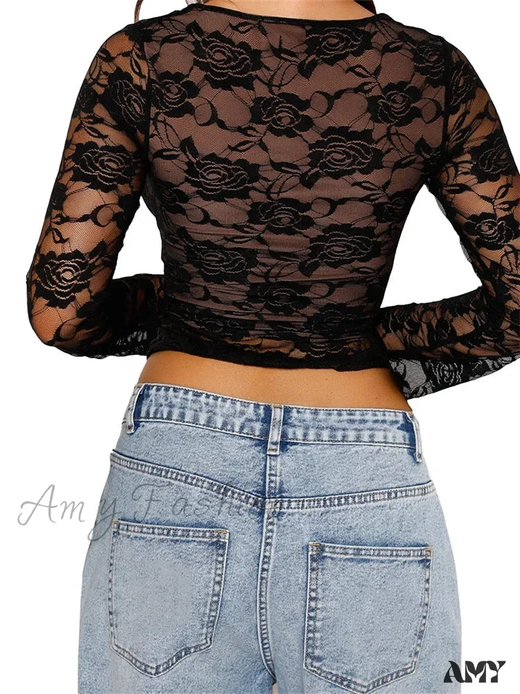 Amy Fashion - Long Sleeve Casual Lace Floral Mesh Sheer Pullover T-Shirts