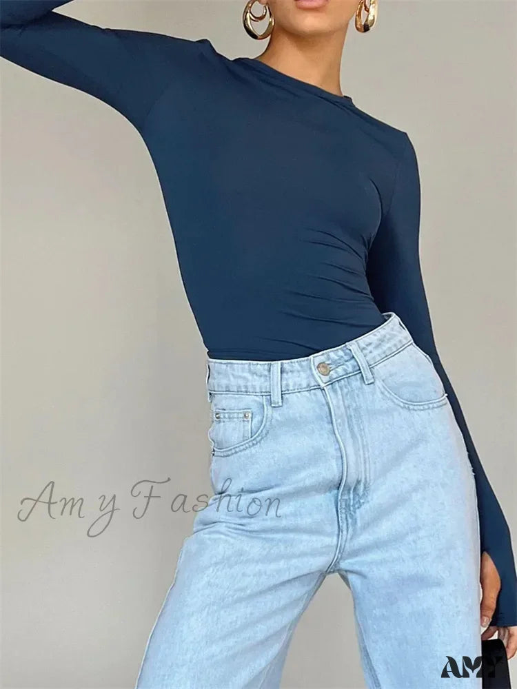 Amy Fashion - Long Sleeve Casual Pullover Thumb Hole Base T-Shirts