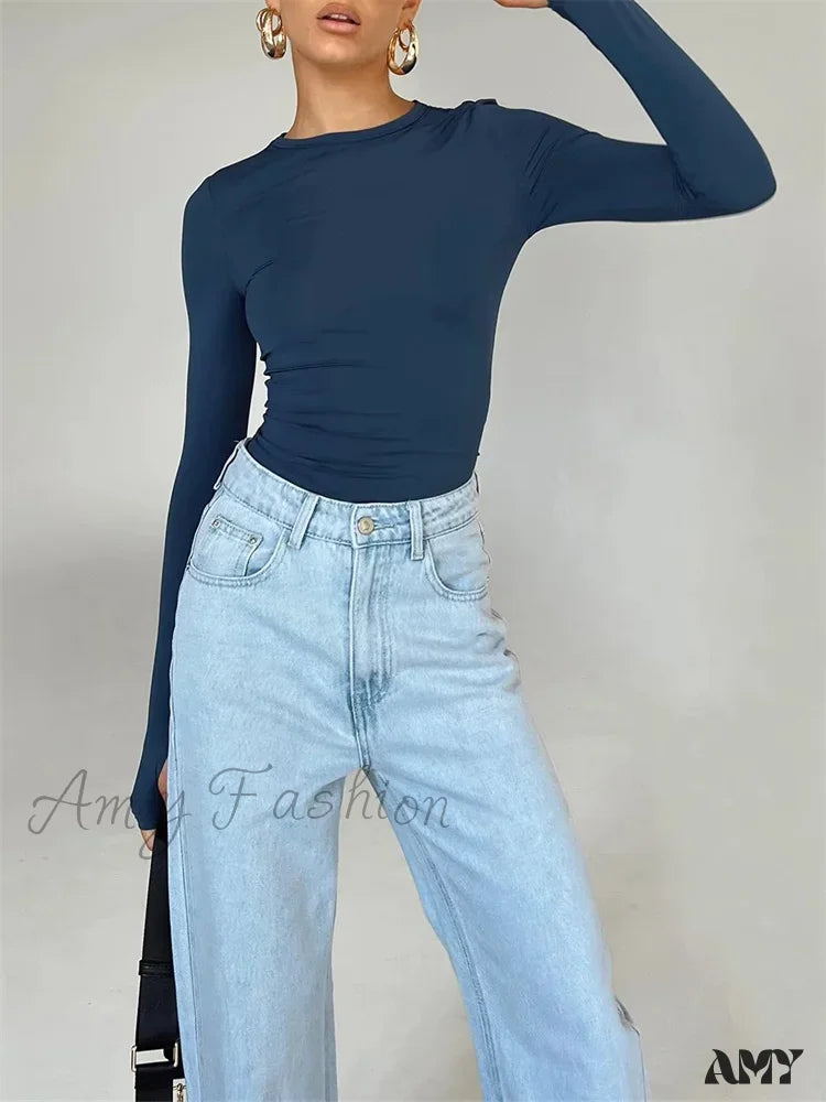 Amy Fashion - Long Sleeve Casual Pullover Thumb Hole Base T-Shirts Blue / S