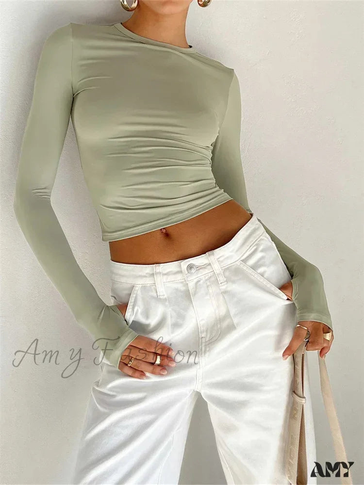 Amy Fashion - Long Sleeve Casual Pullover Thumb Hole Base T-Shirts Green / S