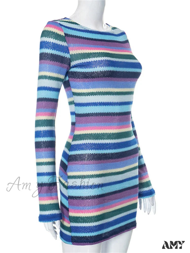 Amy Fashion - Long Sleeve Casual Striped Backless Fall Party Mini Dress