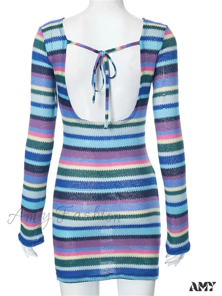 Amy Fashion - Long Sleeve Casual Striped Backless Fall Party Mini Dress