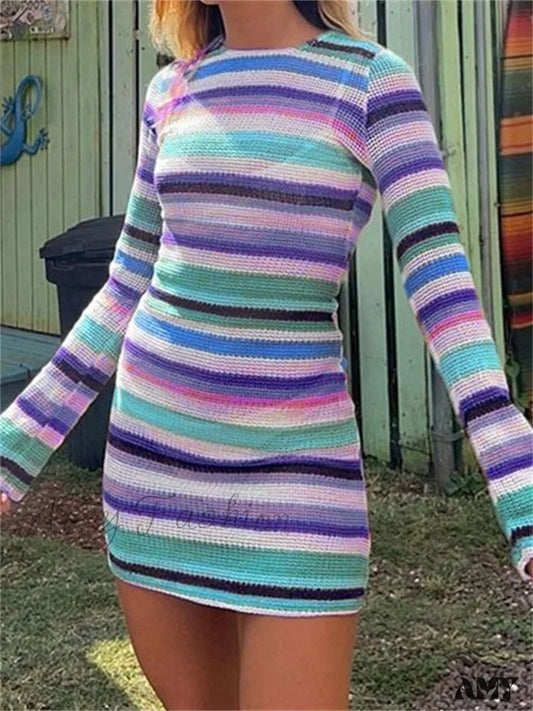 Amy Fashion - Long Sleeve Casual Striped Backless Fall Party Mini Dress Colorful / S