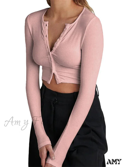 Amy Fashion - Long Sleeve Front Buttons Up Slim Fit Casual T-Shirts