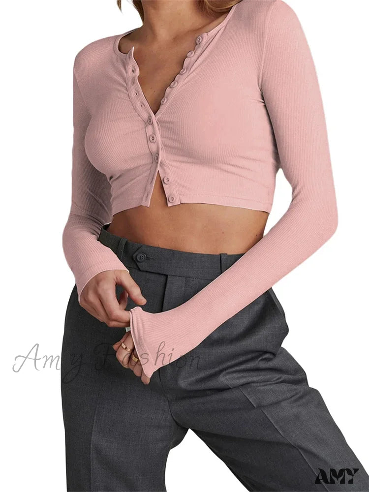 Amy Fashion - Long Sleeve Front Buttons Up Slim Fit Casual T-Shirts