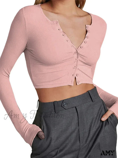 Amy Fashion - Long Sleeve Front Buttons Up Slim Fit Casual T-Shirts Pink / S