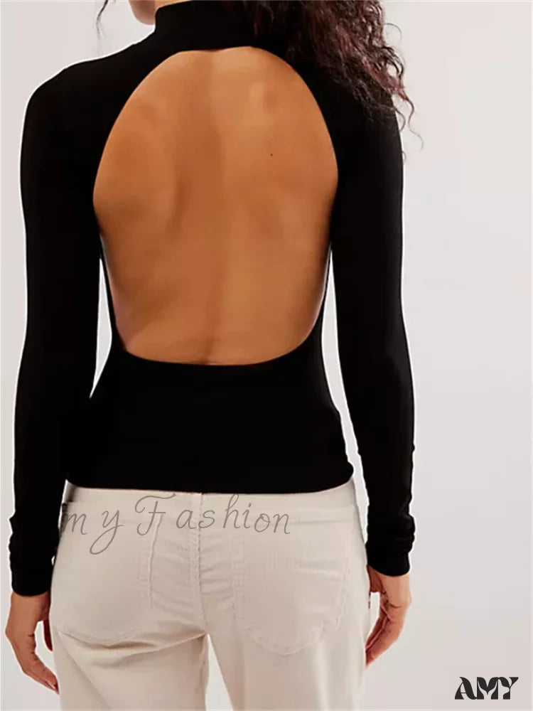 Amy Fashion - Long Sleeve High Neck Backless Slim Fit Solid Color T-Shirts A / S