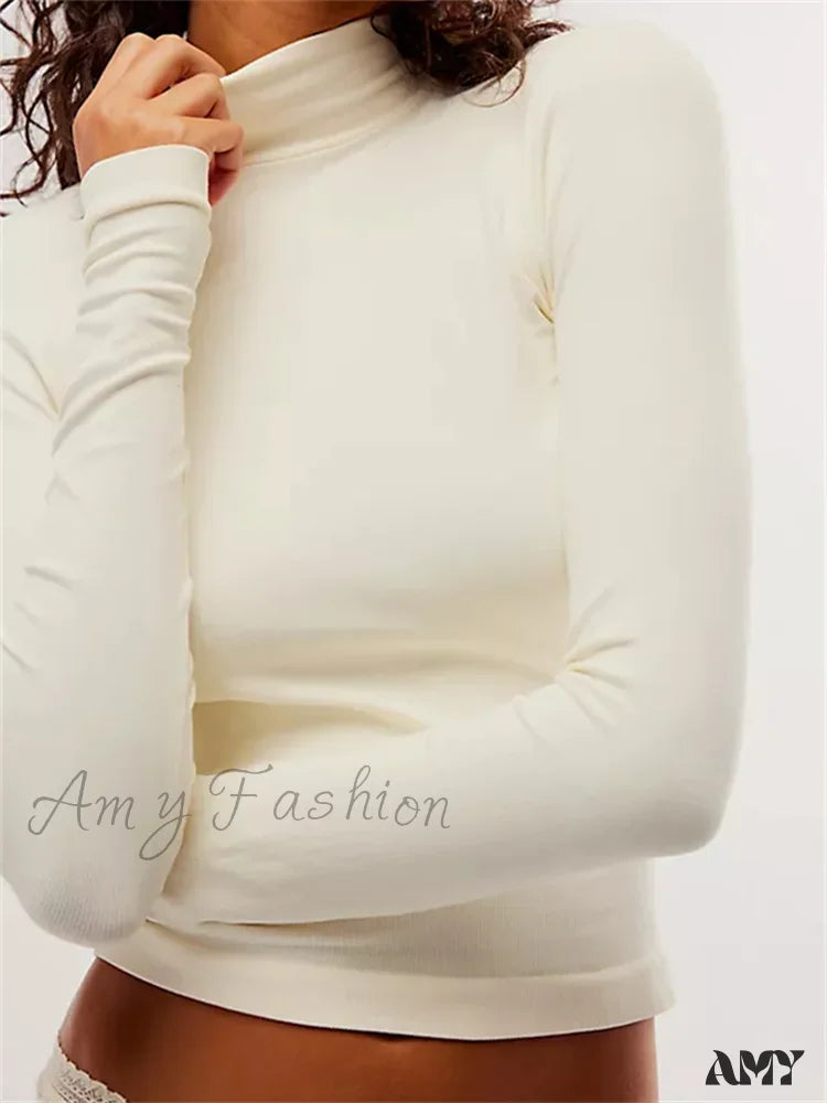 Amy Fashion - Long Sleeve High Neck Backless Slim Fit Solid Color T-Shirts B / S