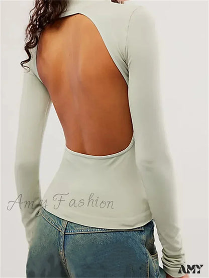 Amy Fashion - Long Sleeve High Neck Backless Slim Fit Solid Color T-Shirts C / S