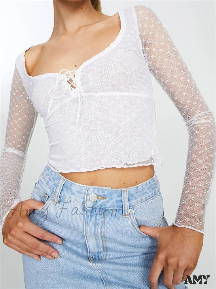 Amy Fashion - Long Sleeve Lace Mesh See Through Tie-Up T-Shirts