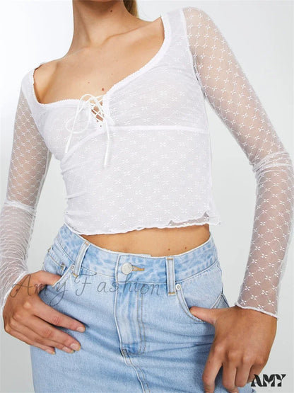 Amy Fashion - Long Sleeve Lace Mesh See Through Tie-Up T-Shirts