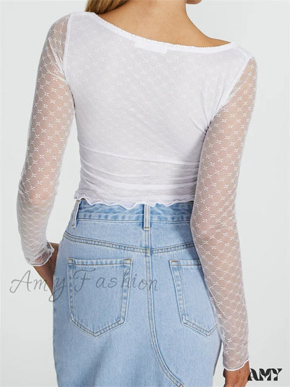 Amy Fashion - Long Sleeve Lace Mesh See Through Tie-Up T-Shirts