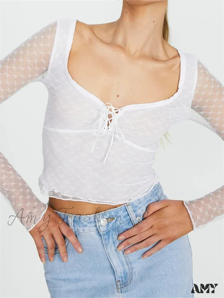 Amy Fashion - Long Sleeve Lace Mesh See Through Tie-Up T-Shirts