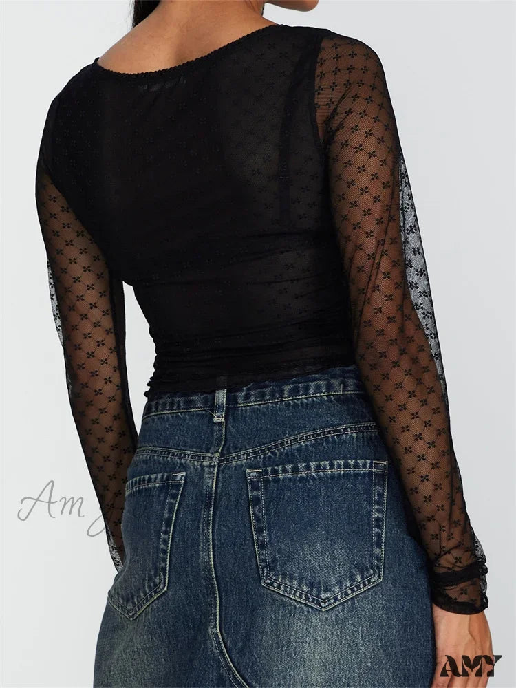 Amy Fashion - Long Sleeve Lace Mesh See Through Tie-Up T-Shirts