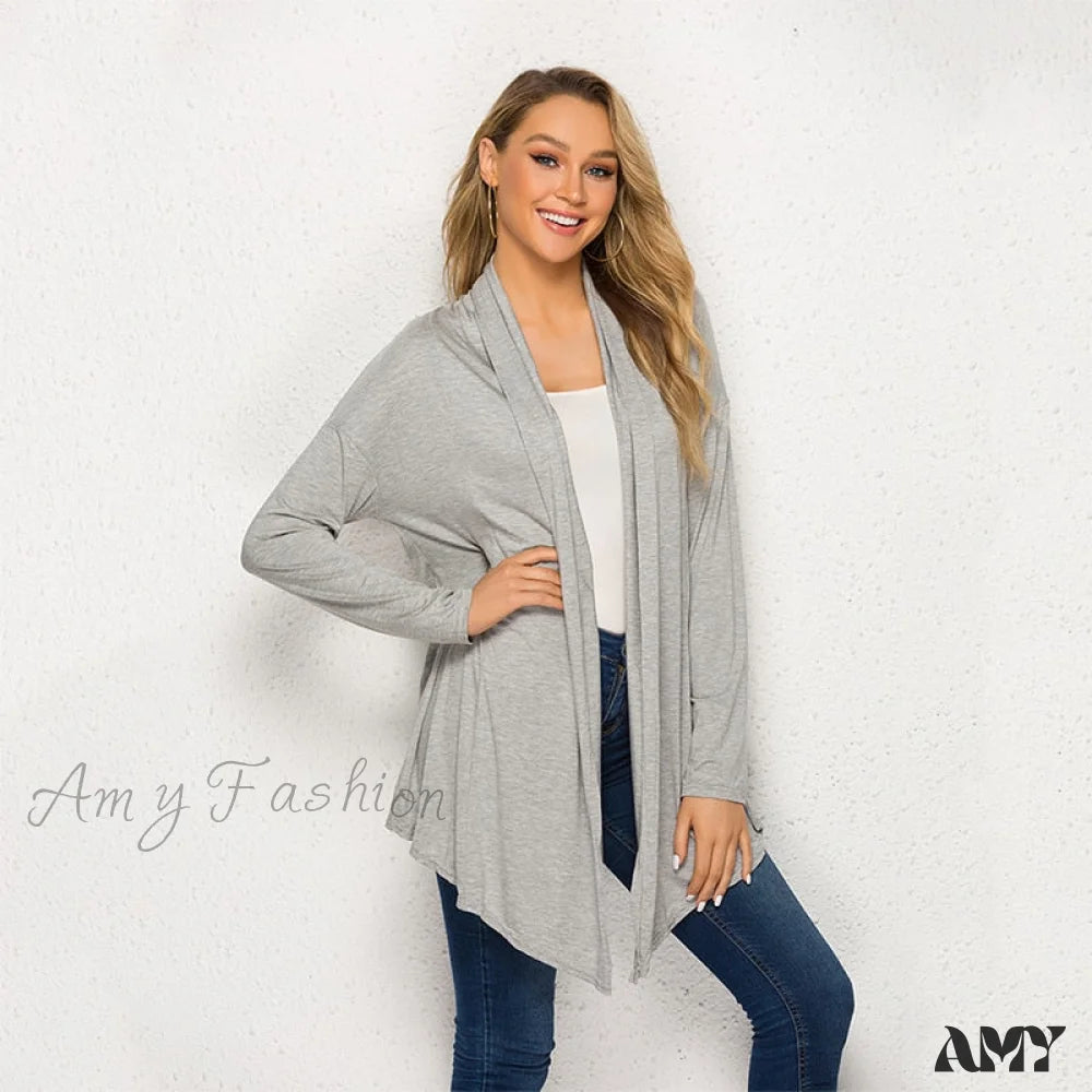 Amy Fashion - Long Sleeve Loose Irregular Hem Cardigan