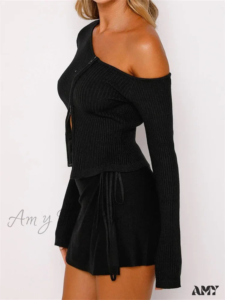 Amy Fashion - Long Sleeve Off Shoulder Front Zip Up Ribbed Knitted Cardigan T-Shirts