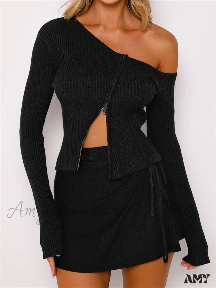 Amy Fashion - Long Sleeve Off Shoulder Front Zip Up Ribbed Knitted Cardigan T-Shirts Black / S