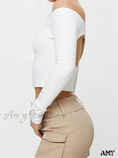 Amy Fashion - Long Sleeve Off-Shoulder Solid Slim Fit Ribbed Hollow Out T-Shirts