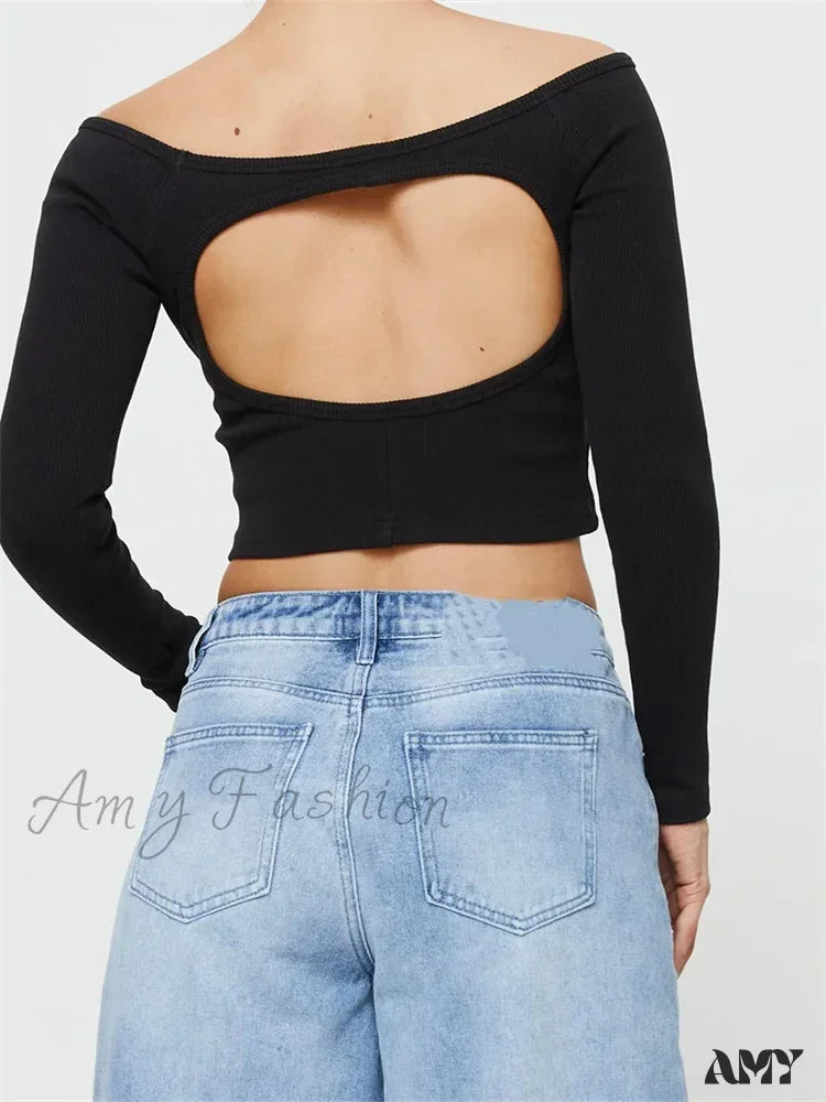 Amy Fashion - Long Sleeve Off-Shoulder Solid Slim Fit Ribbed Hollow Out T-Shirts