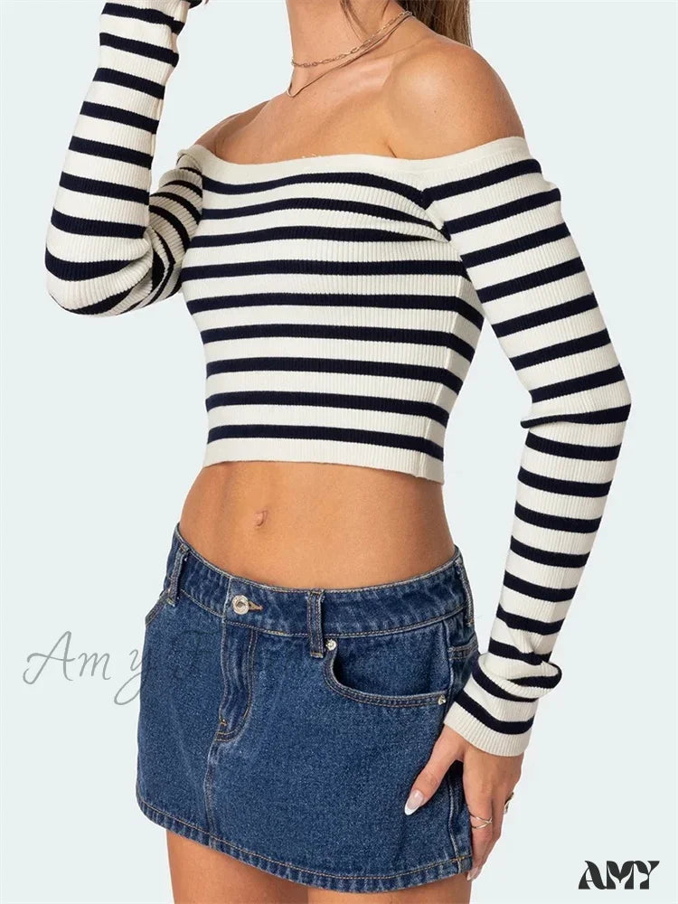 Amy Fashion - Long Sleeve Off-Shoulder Striped Exposed Navel T-Shirts